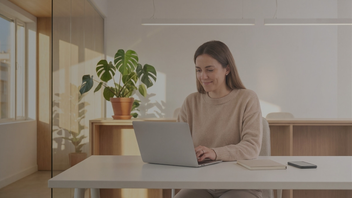 Persona utilizando una computadora portátil junto a un teléfono en su espacio de trabajo