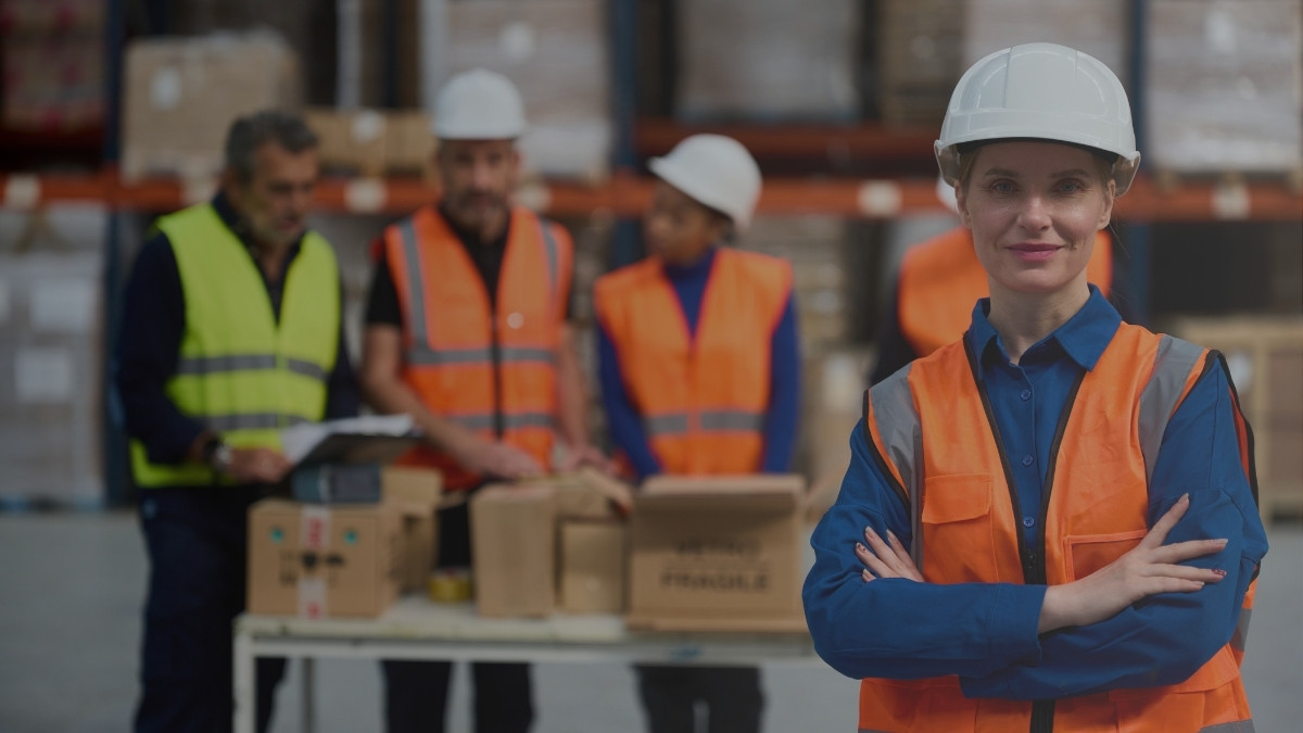 Supervisora y equipo de trabajadores con protección en una operación de bodega